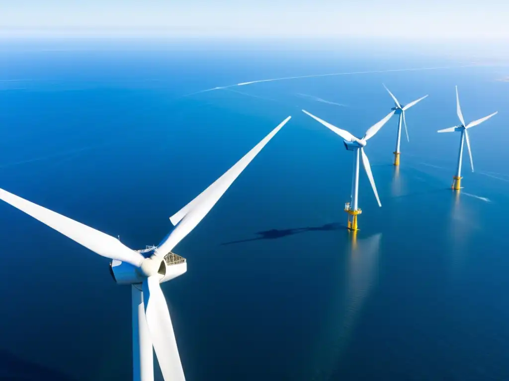 Un parque eólico marino extenso con turbinas blancas y elegantes proyectando sombras sobre el mar azul