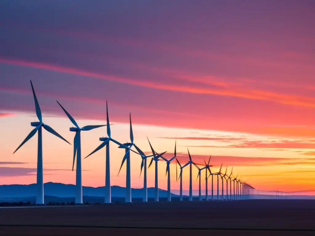 Un parque eólico moderno al atardecer, con turbinas creando patrones hipnóticos bajo un cielo anaranjado y rosado