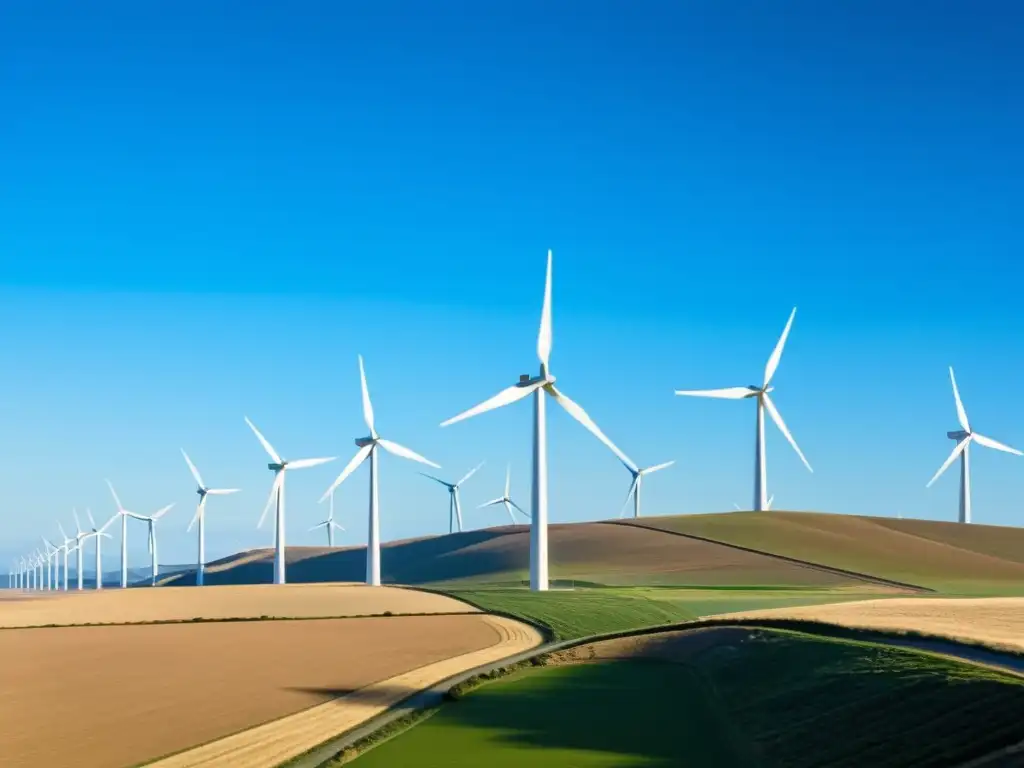 Un parque eólico moderno y elegante se extiende sobre un paisaje vasto y bañado por el sol, transmitiendo la armonía de la energía renovable