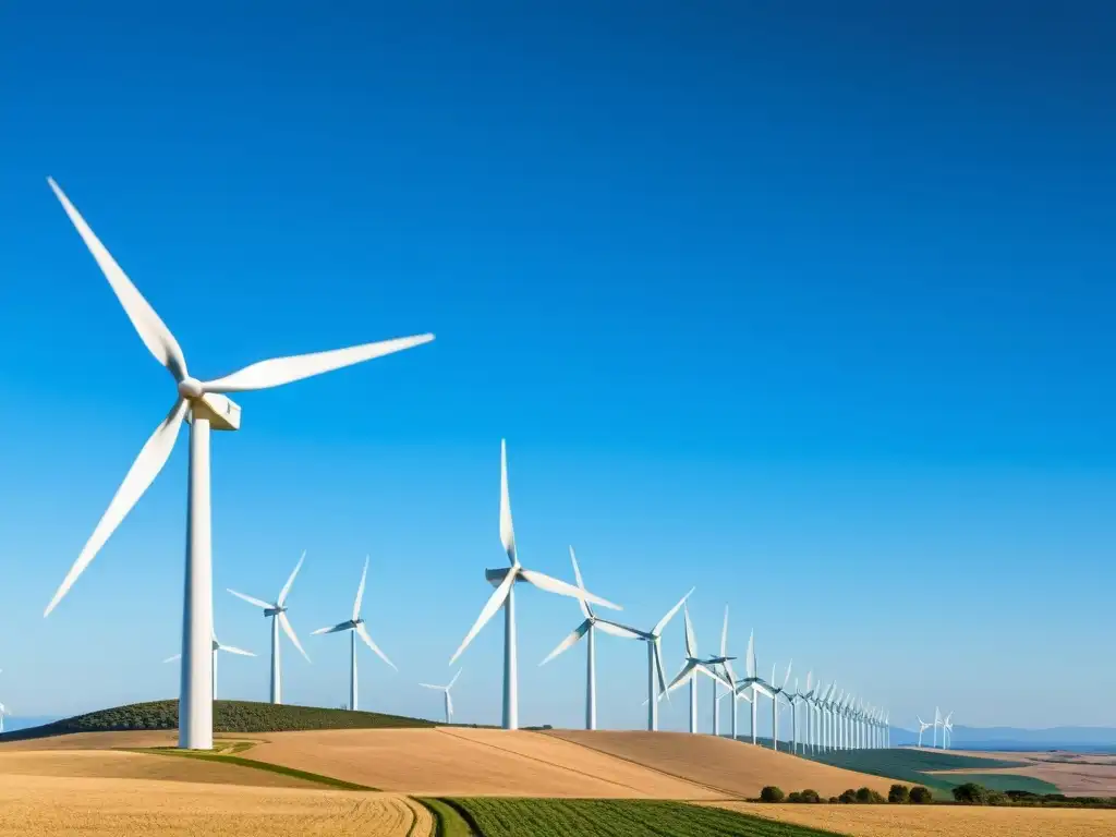 Parque eólico sostenible con turbinas blancas alineadas en cielo azul, evocando armonía y eficiencia tecnológica