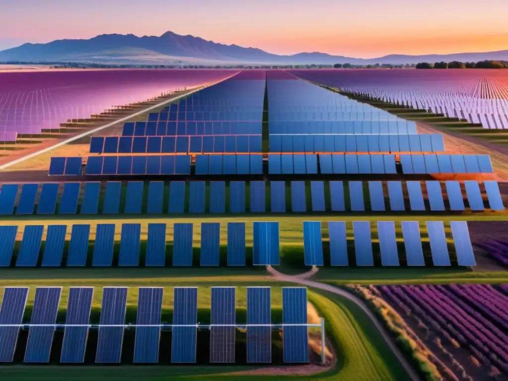 Un parque solar comunitario sostenible se extiende ordenadamente bajo la cálida luz del atardecer, fusionando naturaleza y energía limpia