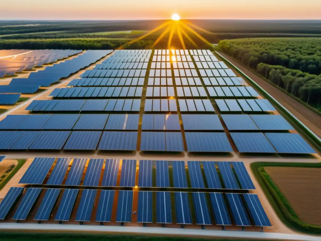 Un parque solar comunitario sostenible con paneles alineados bajo el cálido sol, resaltando la armonía entre tecnología y naturaleza