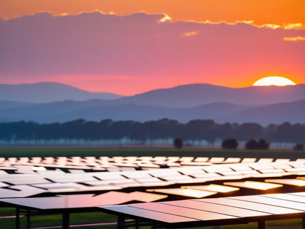 Un parque solar comunitario sostenible se extiende en un patrón geométrico contra un atardecer vibrante