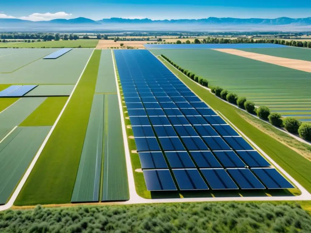 Un parque solar comunitario sostenible con paneles solares modernos alineados en un paisaje sereno y sostenible