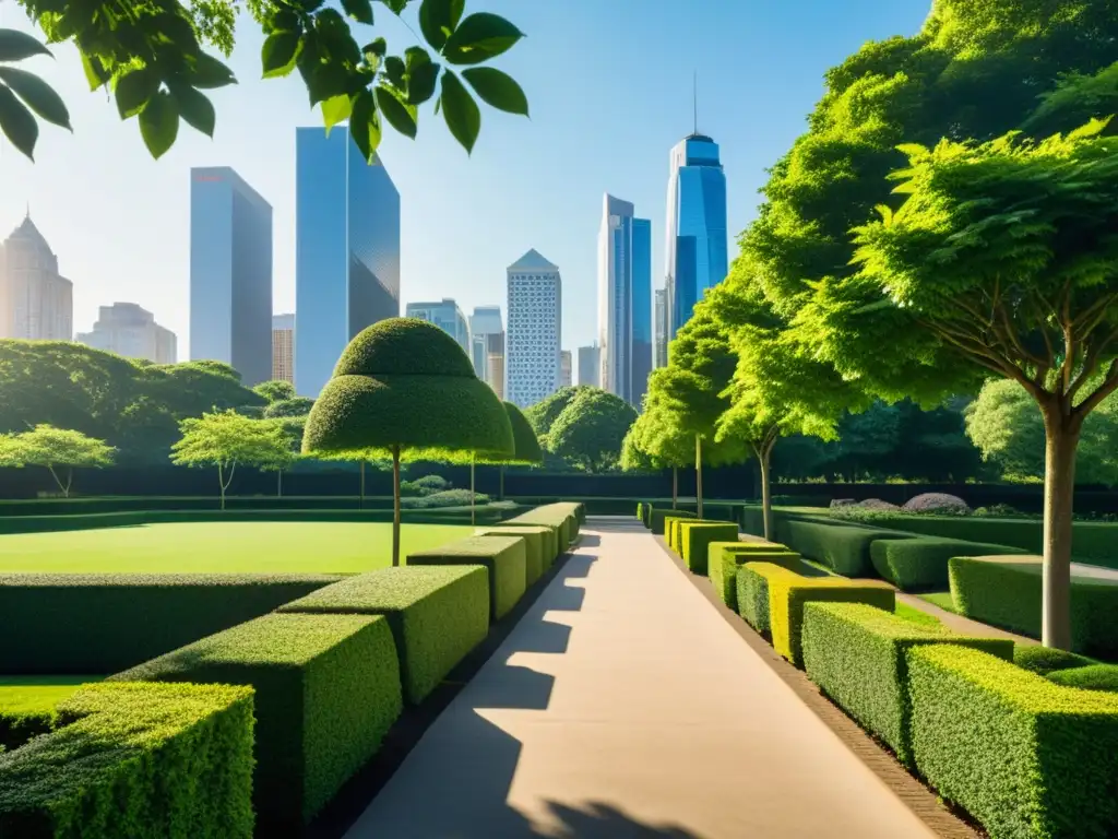 Un parque urbano sereno con vegetación exuberante y edificios modernos al fondo