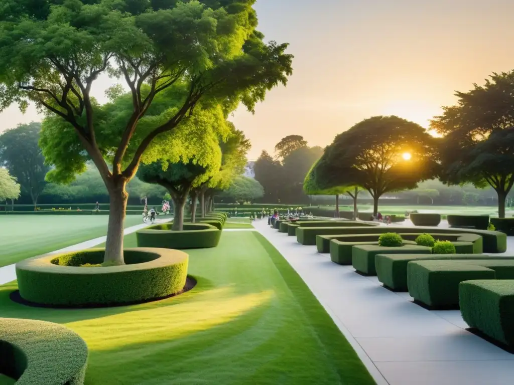 Un parque urbano verde y sereno, con personas disfrutando actividades ecoamigables como el ciclismo y el yoga al atardecer