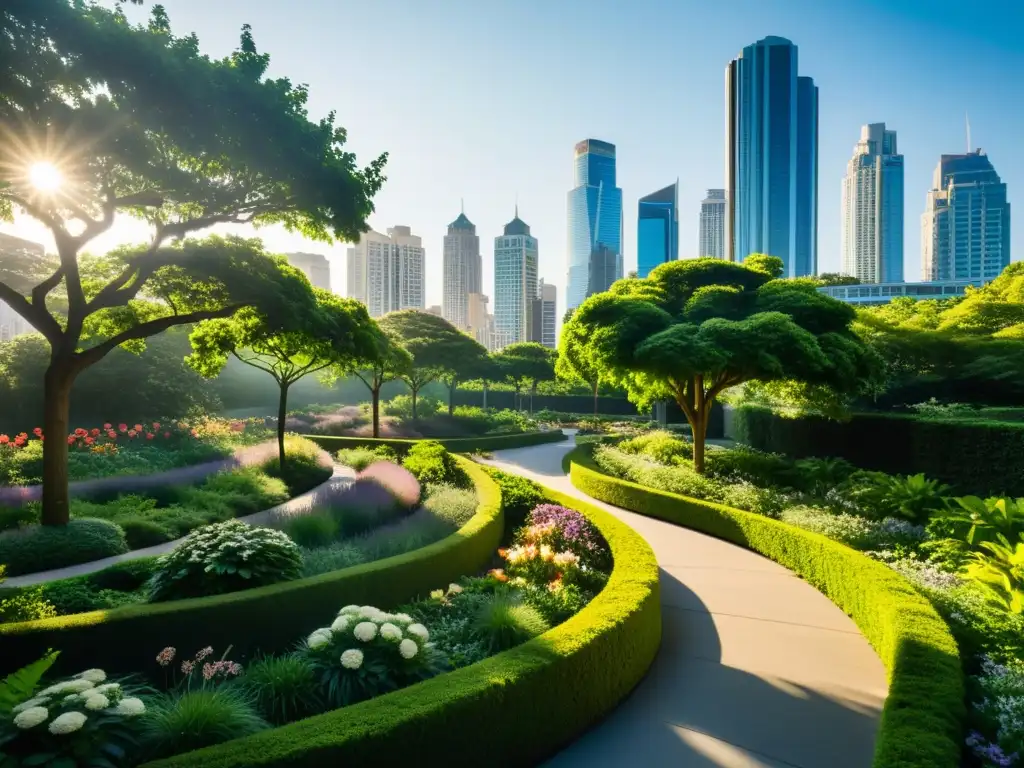 Parque urbano con biodiversidad y vida silvestre, contrastando con la ciudad