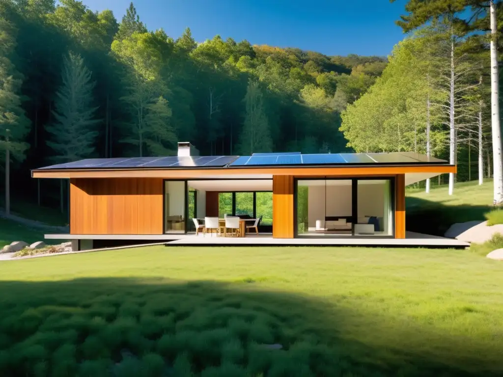 Diseño climatización pasiva eficiente: Casa solar pasiva integrada en el paisaje, con grandes ventanas orientadas al sur y paneles solares en el techo