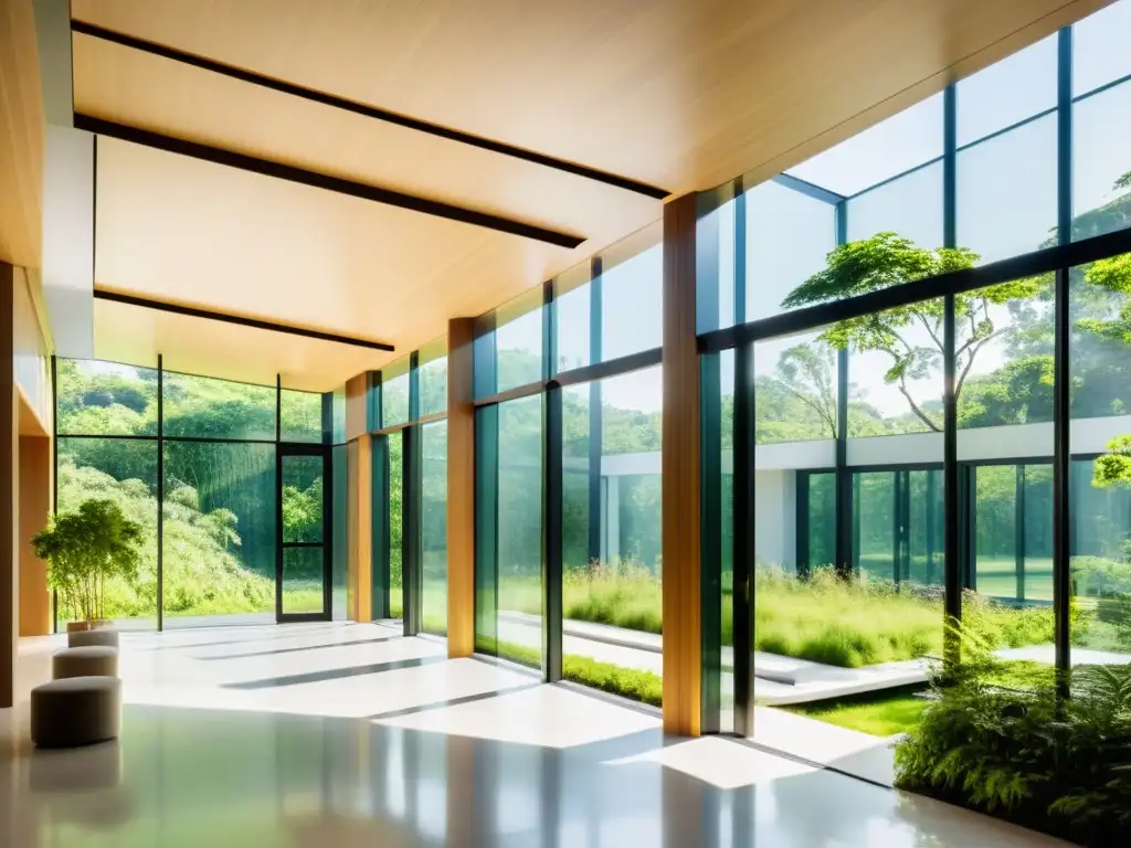 Diseño climatización pasiva sostenible en edificio moderno rodeado de vegetación, con amplias ventanas y diseño de ventilación natural