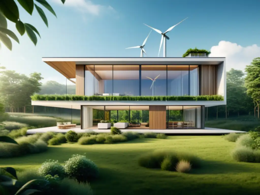 Diseño climatización pasiva sostenible: Edificio moderno rodeado de naturaleza, luz natural y tecnologías renovables integradas