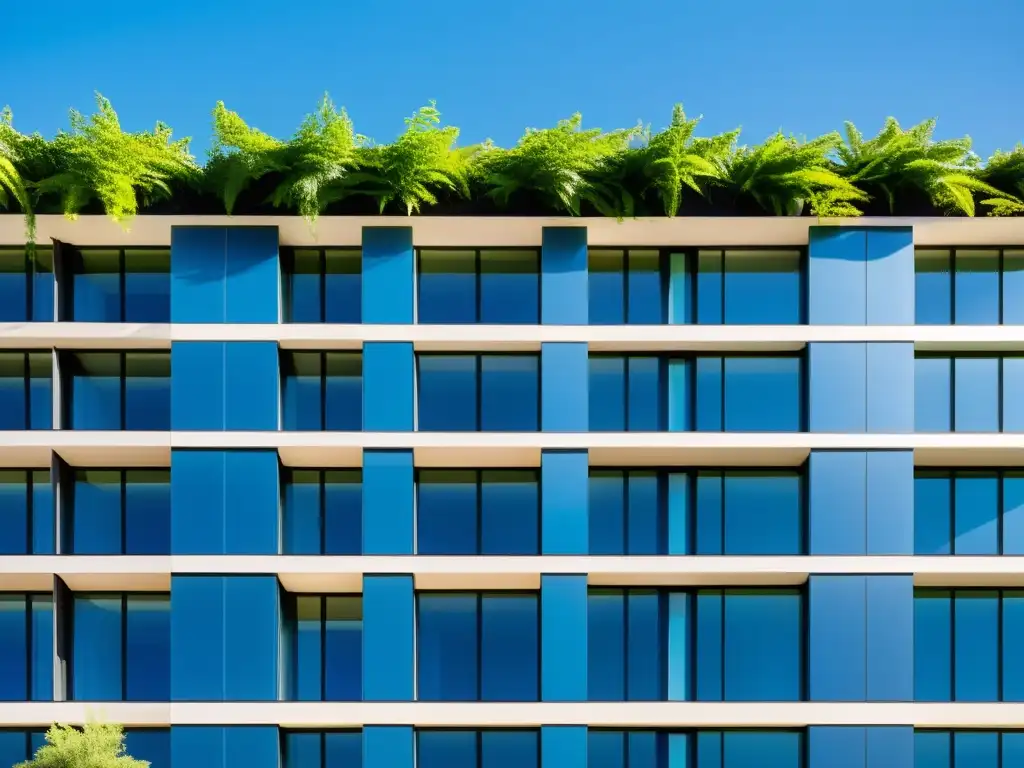 Diseño climatización pasiva sostenible en moderno edificio: ventanales, sombras estratégicas y vegetación para ventilación natural y frescura