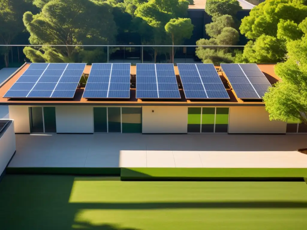 Un patio escolar sereno con paneles solares en el techo, proyectando largas sombras en el sol de la tarde