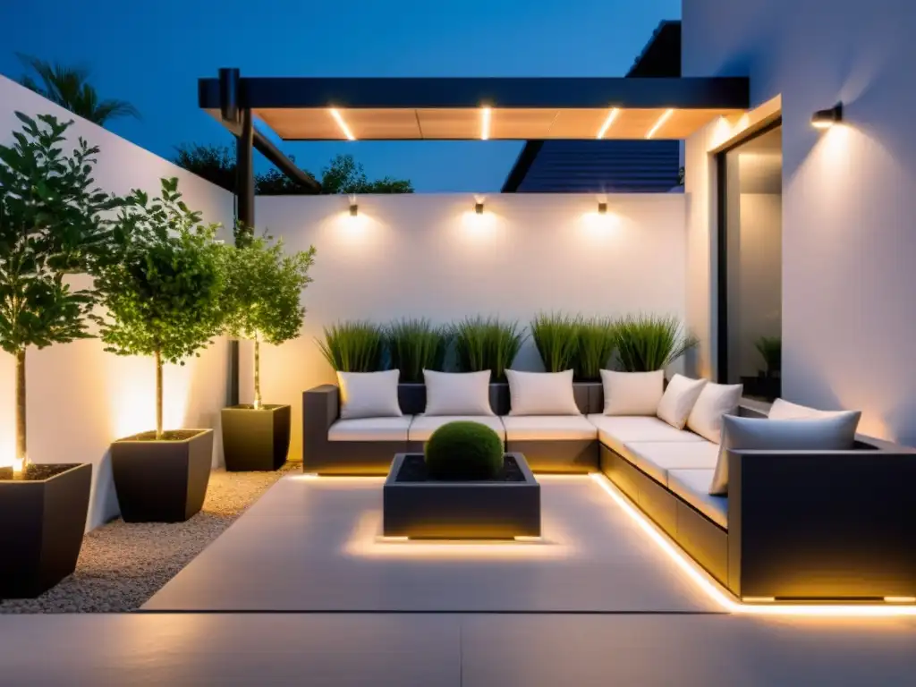 Un patio exterior moderno iluminado con luces LED solares, creando un ambiente acogedor y eco-friendly