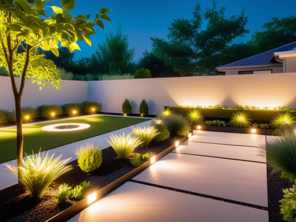 Un patio moderno iluminado por luces LED solares, creando un ambiente cálido y acogedor entre la vegetación