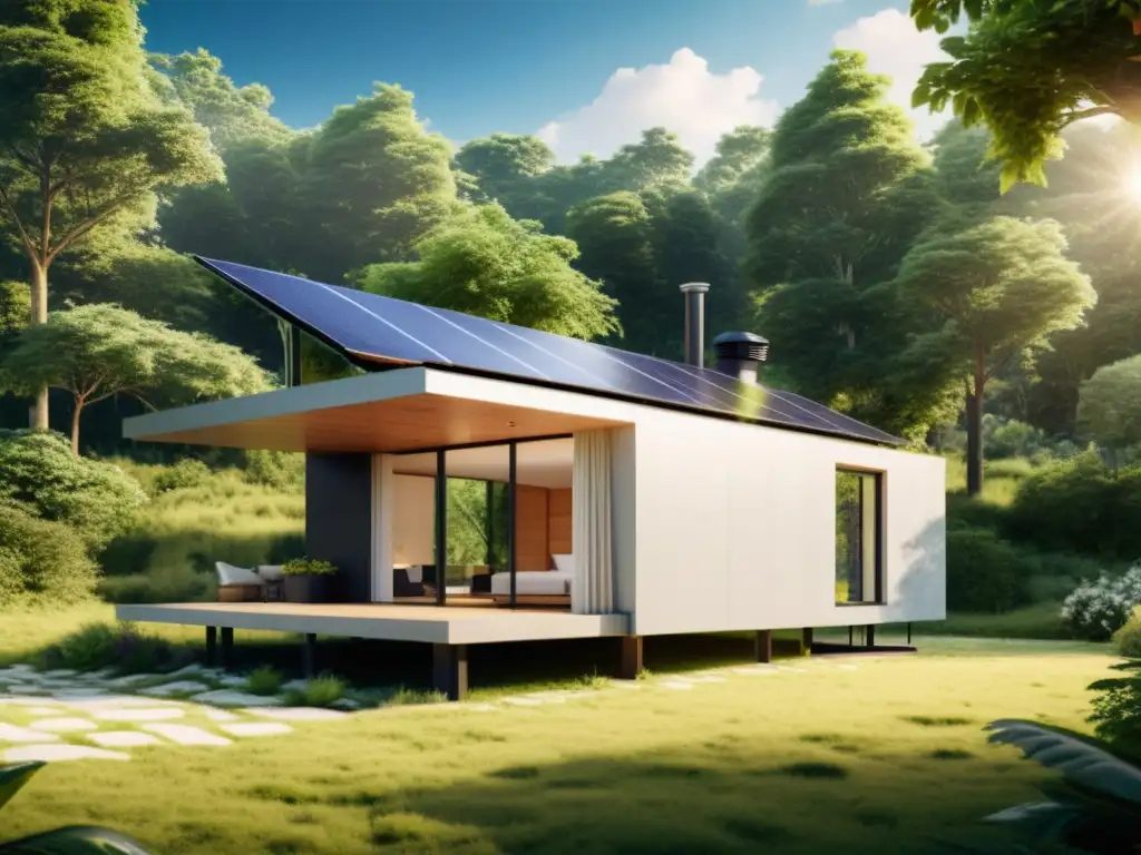 Pequeña casa off-grid rodeada de vegetación, con paneles solares y sistema de almacenamiento de energía integrado