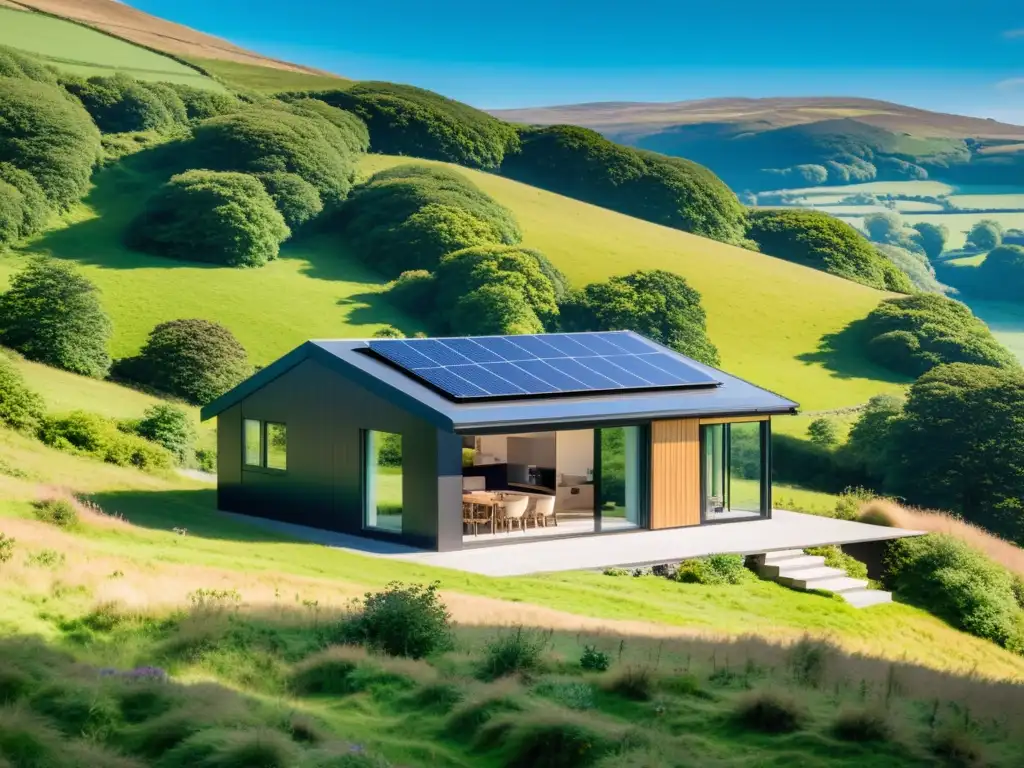 Pequeña casa sostenible en las colinas verdes de Gales, reflejo de la aldea autosuficiente en Gales