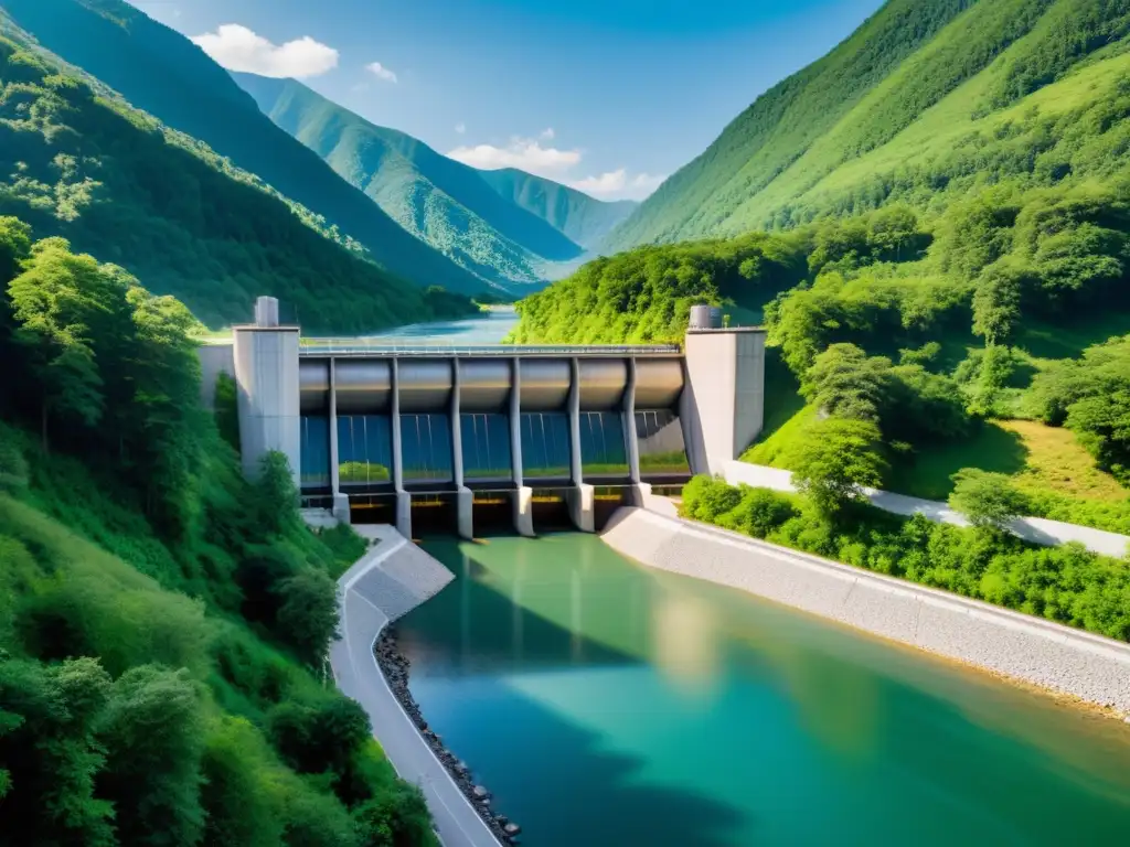 Pequeña central hidroeléctrica sostenible integrada en la exuberante naturaleza montañosa, transmitiendo armonía y tranquilidad