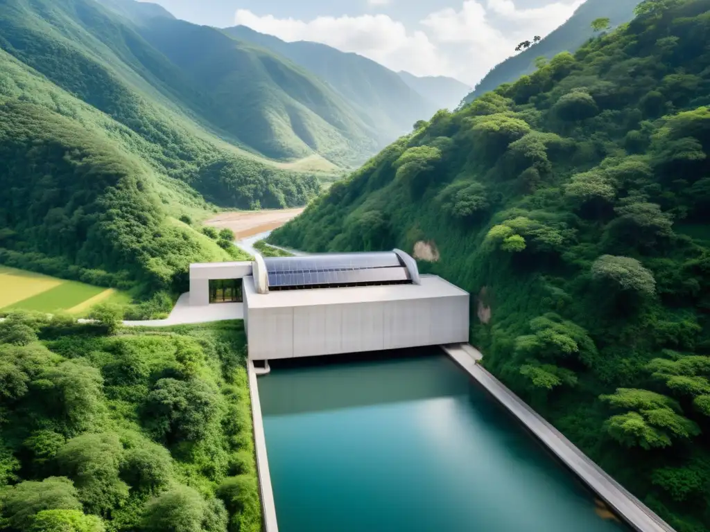 Una pequeña central hidroeléctrica sostenible se integra armónicamente en un valle exuberante