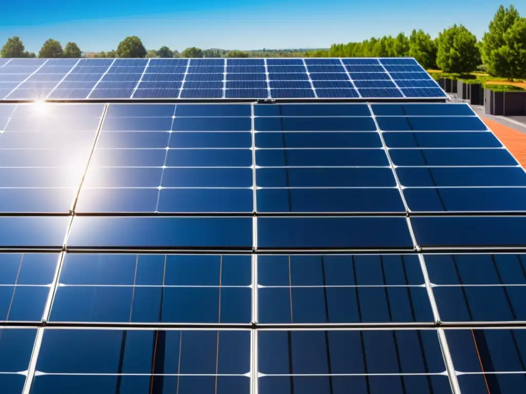 Pequeña empresa con paneles solares ordenados en el techo, reflejando el cielo azul