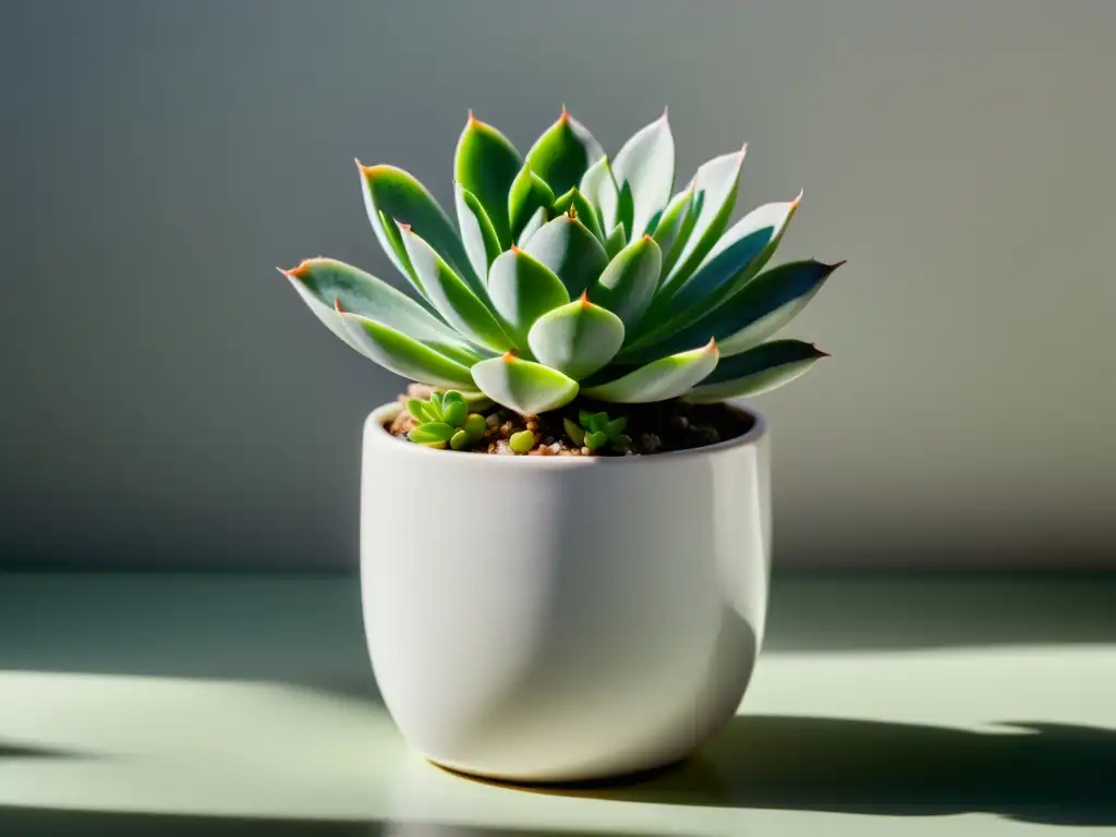 Pequeña planta suculenta verde en maceta blanca, con detalles delicados y luz natural