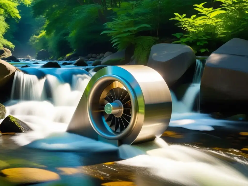 Pequeña turbina hidroeléctrica en armoniosa corriente, evocando paz y equilibrio