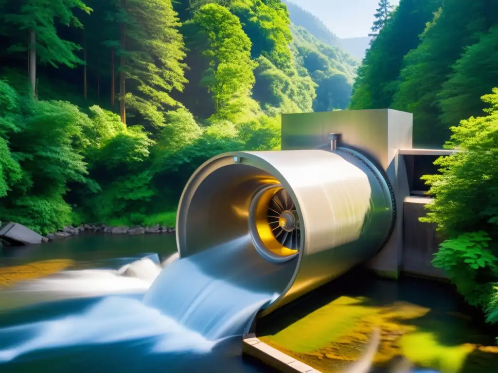 Pequeña turbina hidroeléctrica en un paisaje verde, reflejando sostenibilidad y armonía