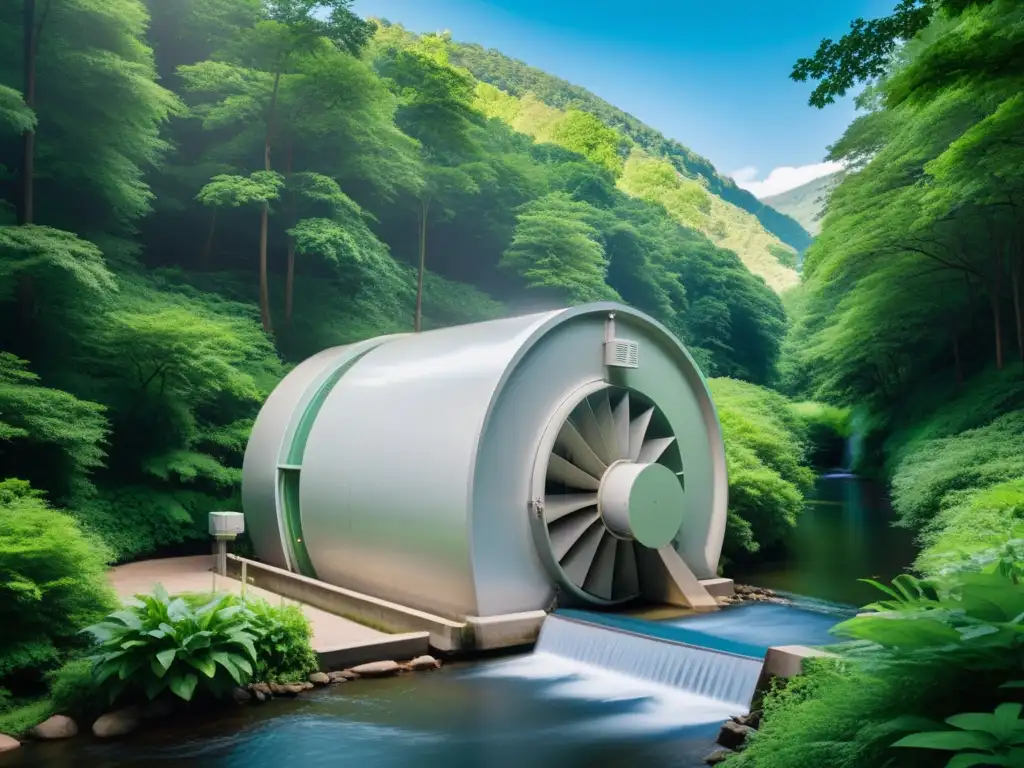 Pequeña turbina hidroeléctrica en paisaje exuberante, armonía entre tecnología y naturaleza