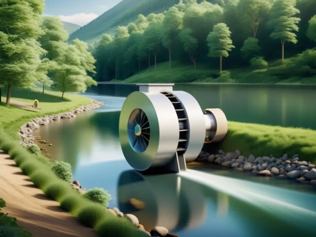 Pequeña turbina hidroeléctrica en río tranquilo, simboliza armonía entre naturaleza y energía sostenible