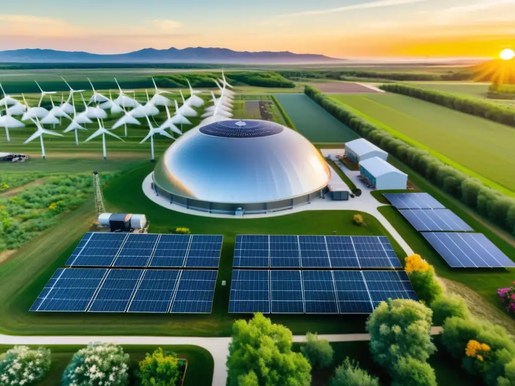 Pequeñas plantas de biocombustible sostenible rodeadas de energía solar, eólica y naturaleza en armonía