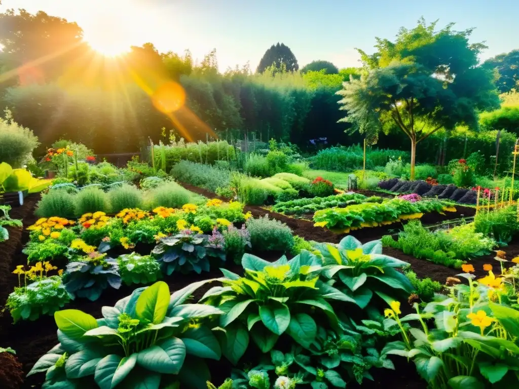 Jardín de permacultura exuberante y sostenible con variedad de vegetales, frutas y hierbas, destacando diseño y compostaje