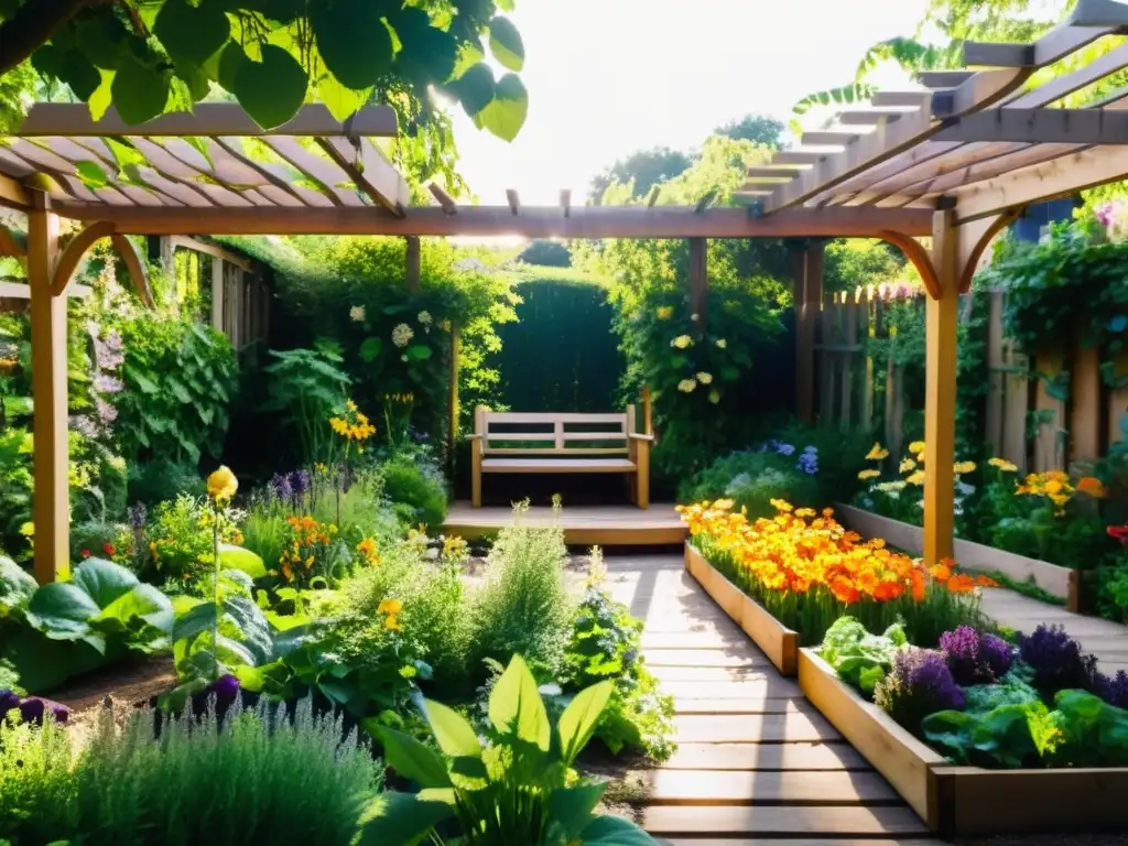 Jardín de permacultura exuberante con técnicas permaculturales restauración suelos degradados, lleno de vegetales vibrantes y flores, senderos ordenados, un estanque y un banco rústico bajo una pérgola cubierta de enredaderas