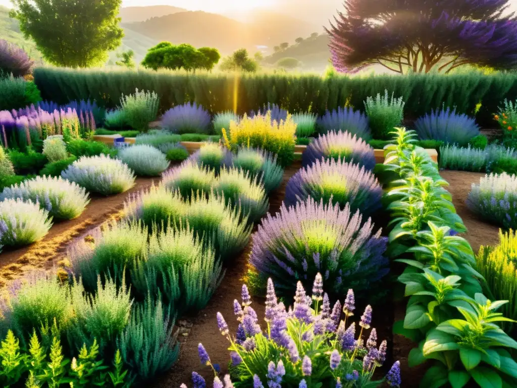 Un jardín de permacultura rebosante de hierbas aromáticas como lavanda, romero y menta