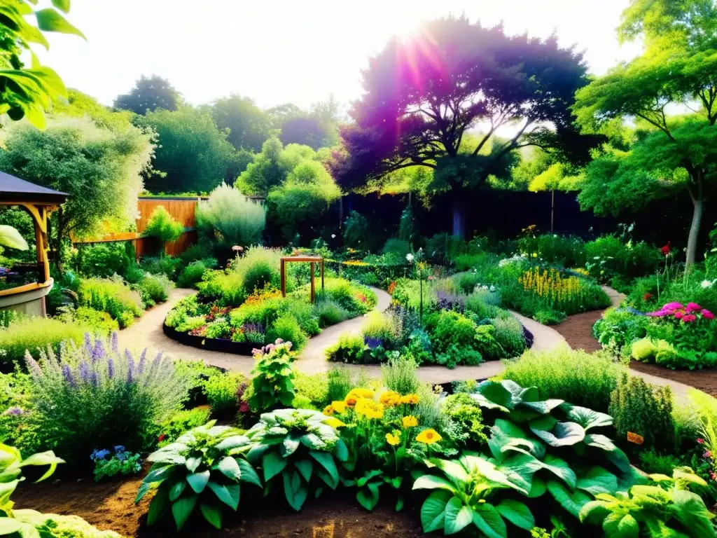 Jardín de permacultura vibrante y exuberante, con variedad de vegetales, frutas y flores en armonía