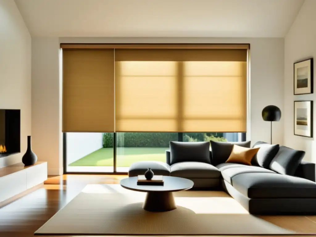 Persianas y cortinas automatizadas sostenibles en un salón moderno con luz natural y decoración ecofriendly