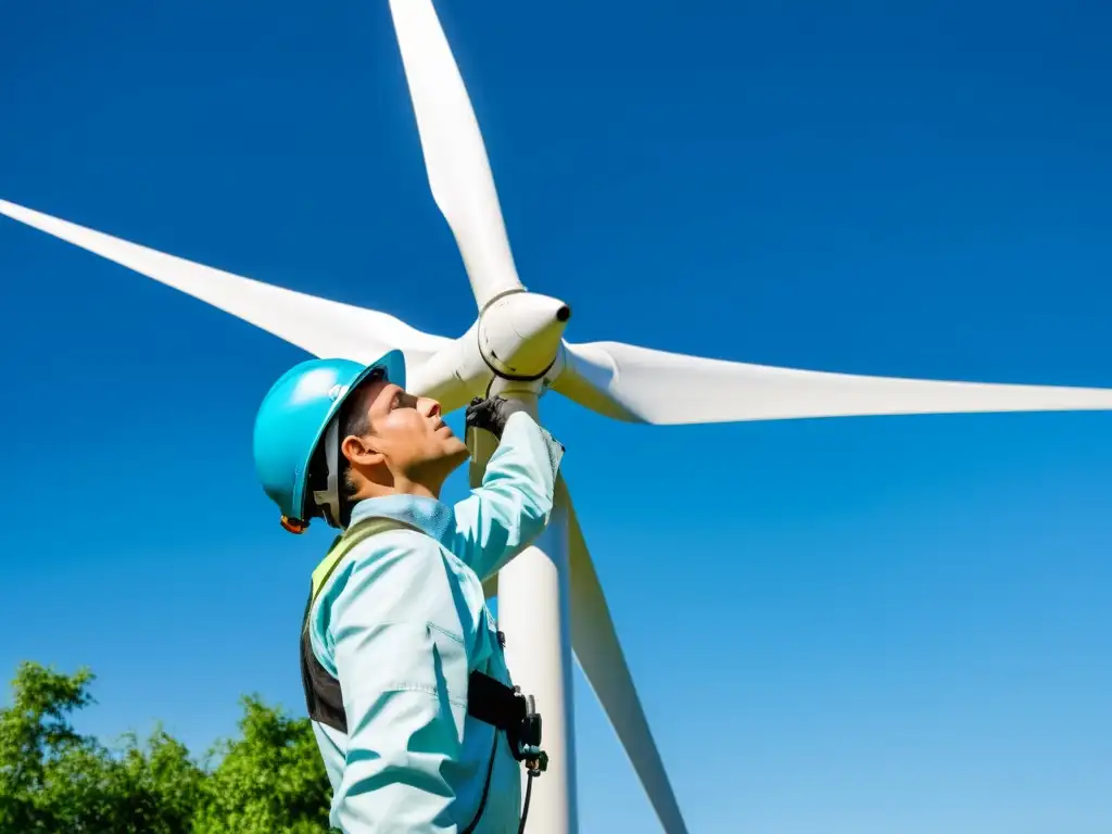 Persona inspeccionando aerogenerador casero en un día soleado, creando una atmósfera profesional y serena