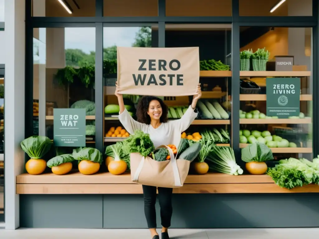 Persona sosteniendo bolsa reutilizable con productos frescos, frente a tienda minimalista con enfoque en economía circular y consumo sostenible