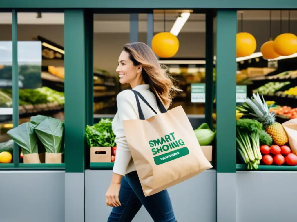 Una persona con bolsas reutilizables llenas de alimentos frescos camina hacia una tienda ecológica