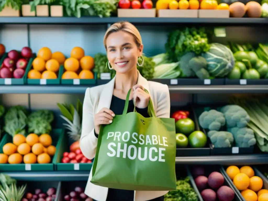 Una persona sosteniendo bolsas reutilizables llenas de productos frescos frente a una tienda de comestibles minimalista