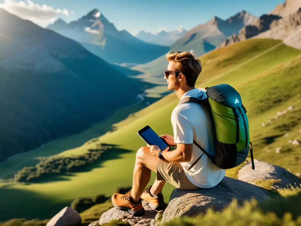 Persona usando cargadores solares portátiles para dispositivos mientras disfruta del senderismo en las montañas