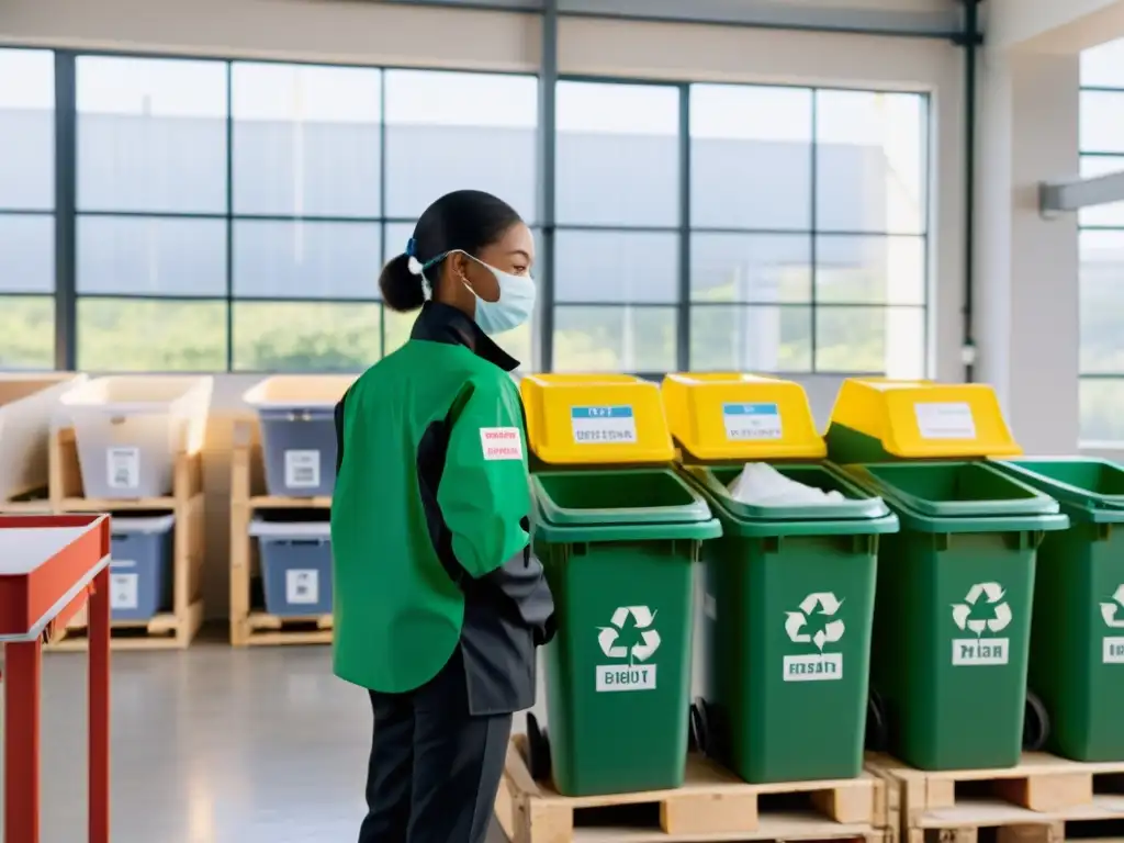 Una persona en un centro de reciclaje, clasificando materiales en contenedores, mostrando técnicas de gestión de residuos para un hogar ecológico