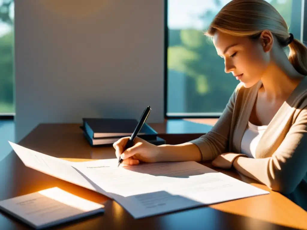 Persona revisando documentos de financiamiento para energía solar con enfoque, sol brillando por la ventana