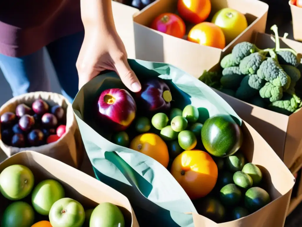 Una persona elige frutas y verduras en un mercado local, reduciendo residuos mediante compras inteligentes