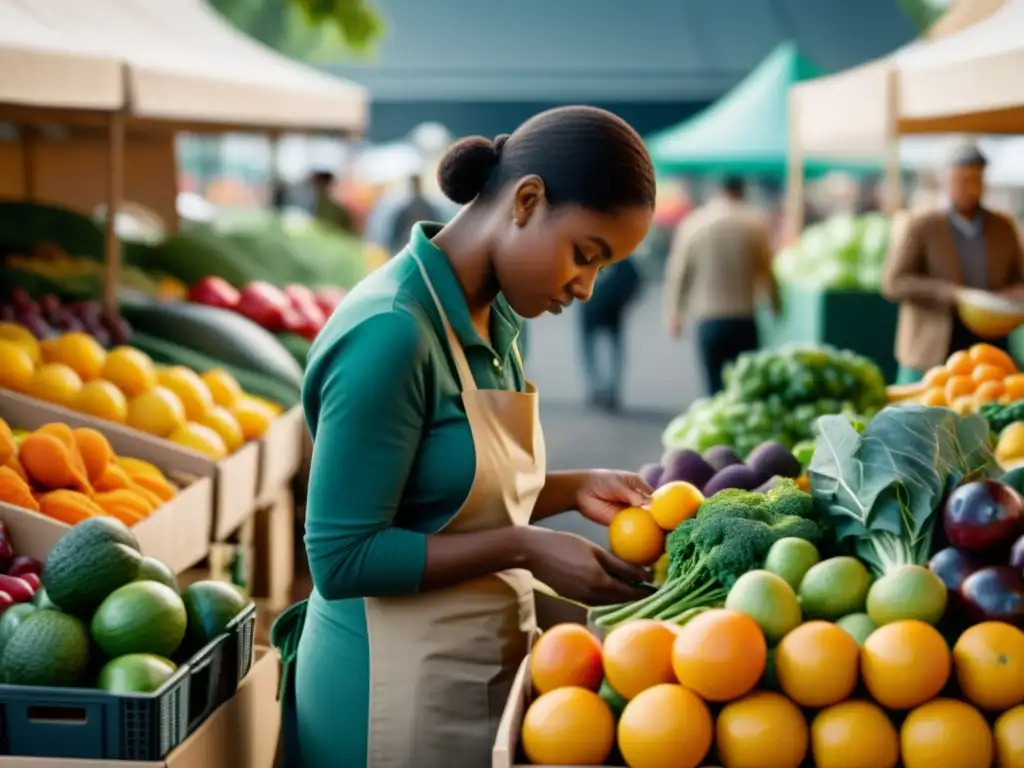 Persona seleccionando frutas y verduras sueltas en el mercado, reduciendo residuos mediante compras inteligentes