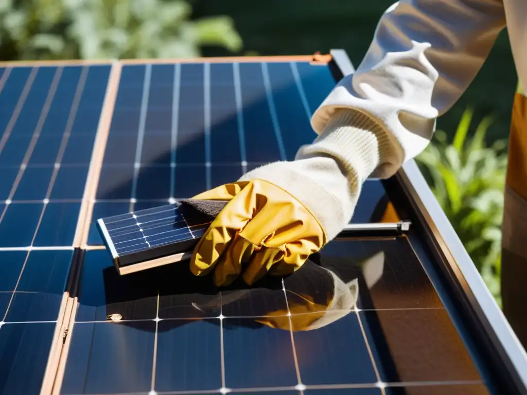 Una persona limpia de forma segura un panel solar con un cepillo suave, resaltando la importancia del mantenimiento