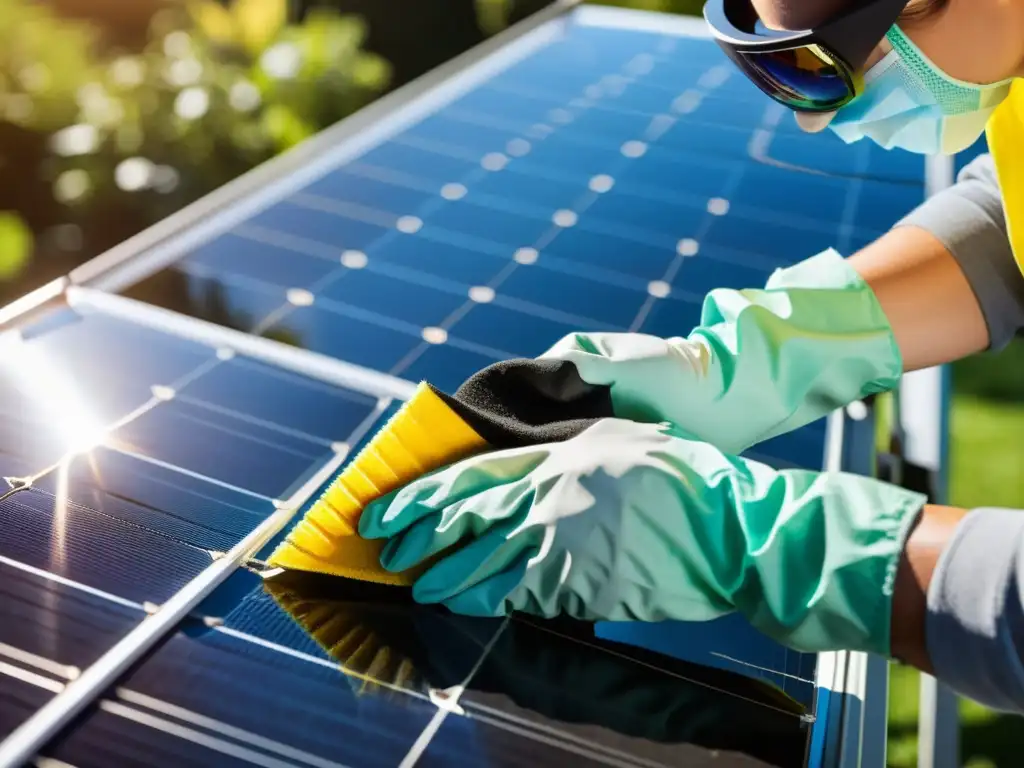 Persona limpiando paneles solares de forma segura, cuidando cada detalle para mantener la eficiencia y brillo