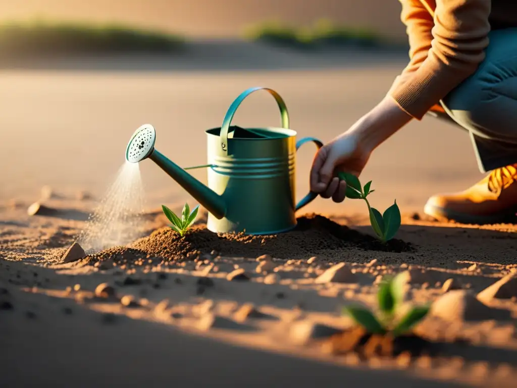 Persona regando planta en tierra seca, con expresión enfocada