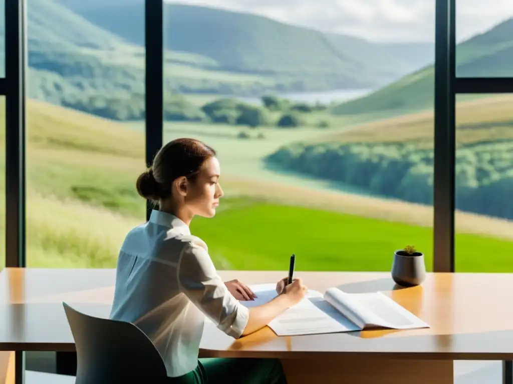 Persona reflexiva en moderno escritorio, rodeada de ventanas y naturaleza