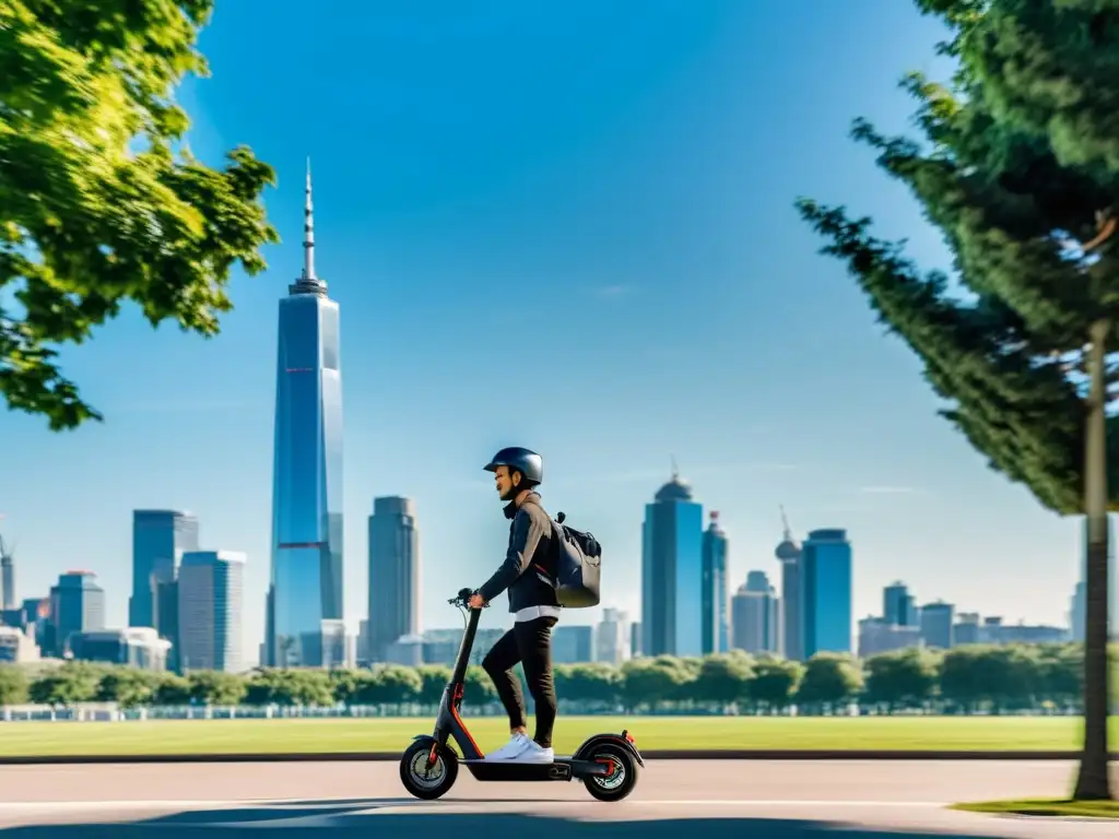 Persona en scooter eléctrico en la ciudad, con skyline moderno