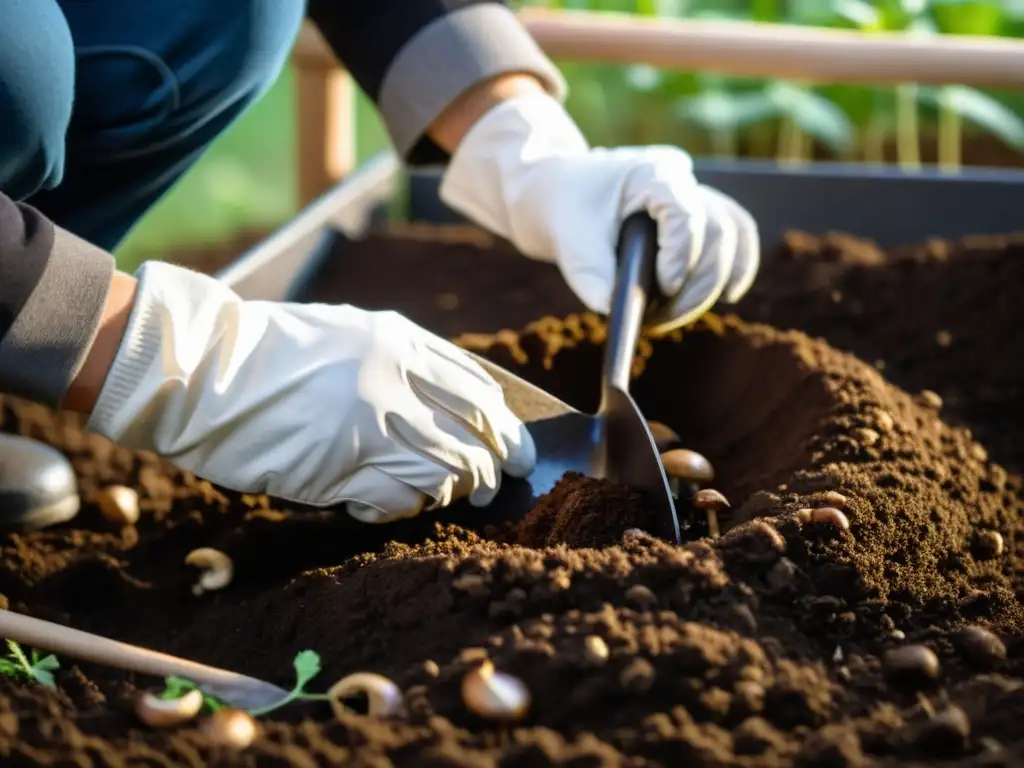 Persona preparando cuidadosamente suelo para cultivo de hongos en casa sostenible, creando conexión con la naturaleza