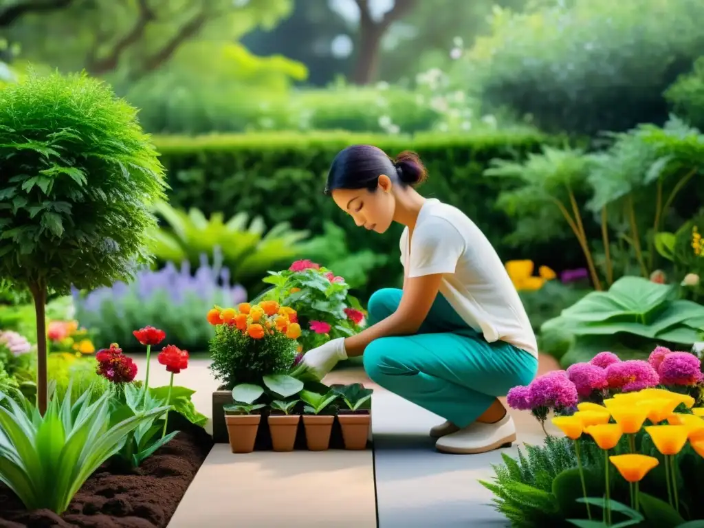 Persona cuidando un jardín tranquilo, rodeada de naturaleza exuberante y flores coloridas